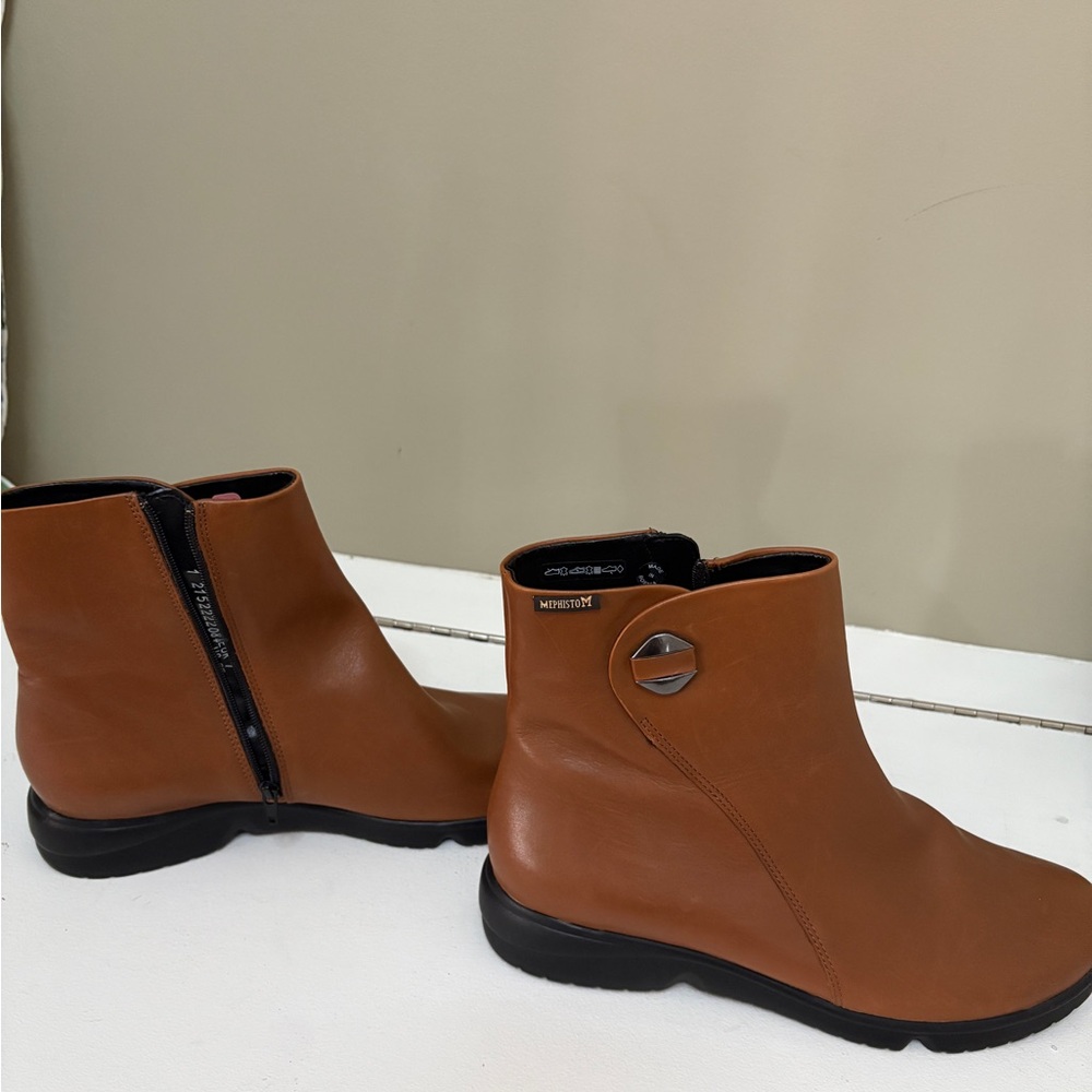 Mephisto Brown Leather Ankle Booties with Decorative Button